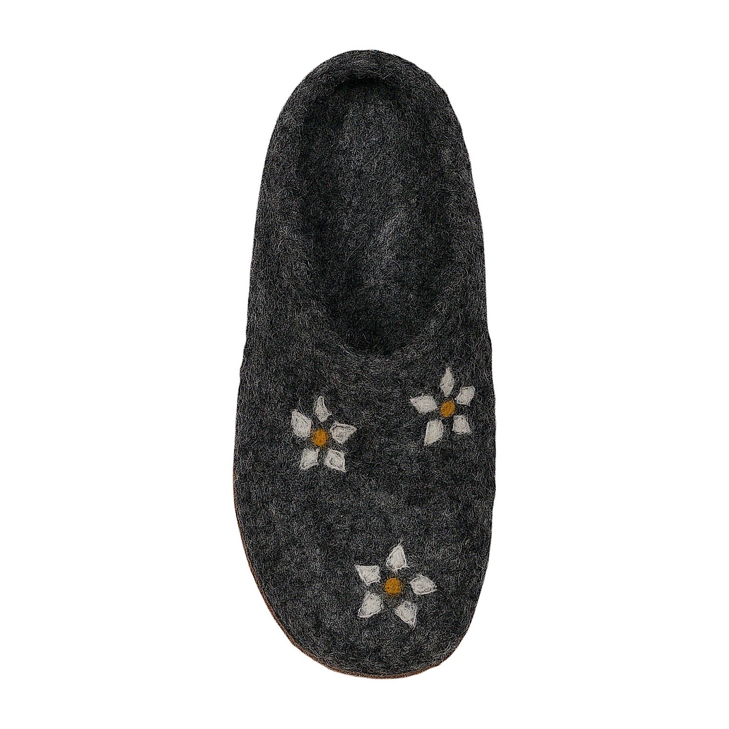 Front angle Ambler Valhalla wool slippers in heather charcoal with natural leather sole and felted flowers. 