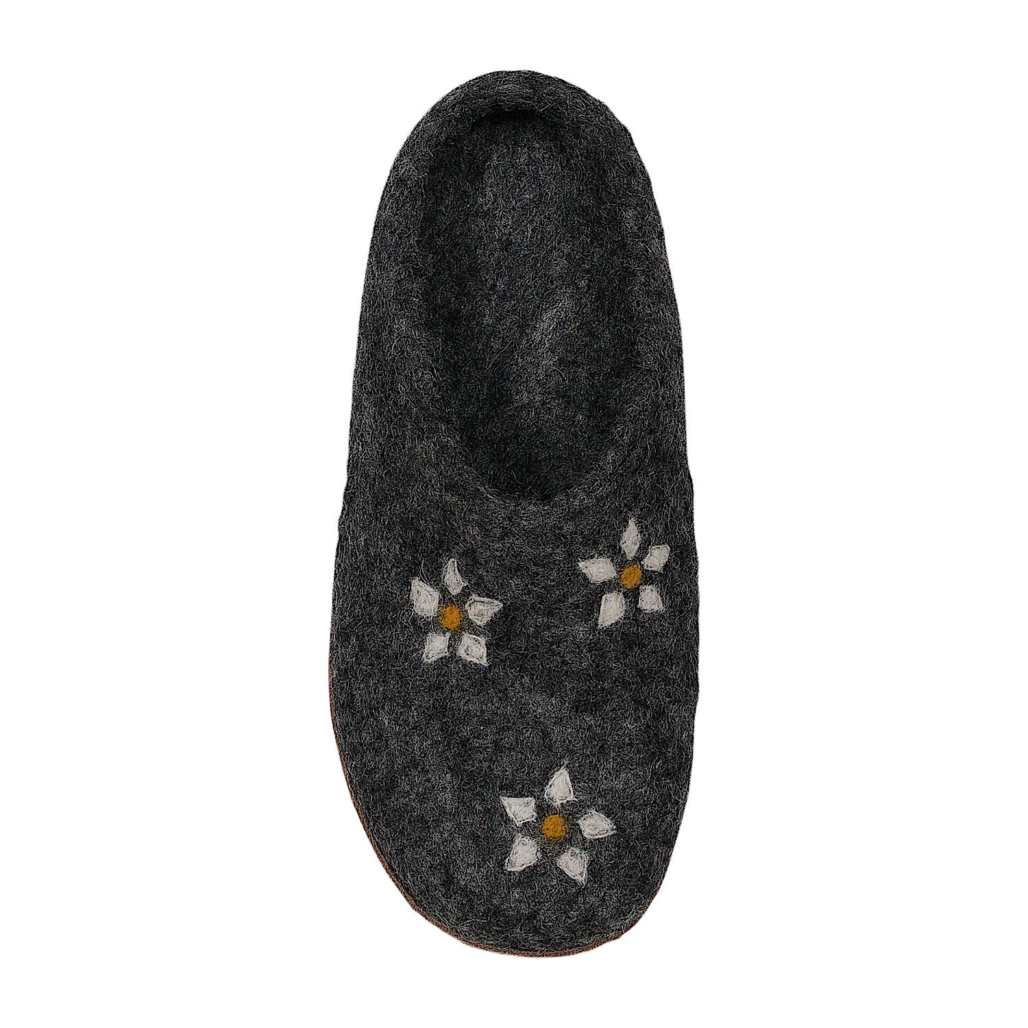 Front angle Ambler Valhalla wool slippers in heather charcoal with natural leather sole and felted flowers. 