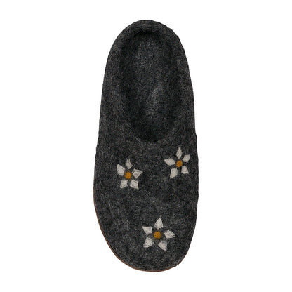 Front angle Ambler Valhalla wool slippers in heather charcoal with natural leather sole and felted flowers. 