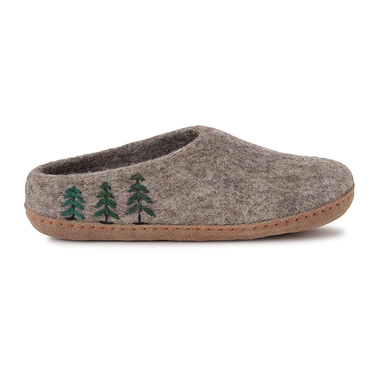 Side angle Ambler Valhalla wool slippers in heather grey with natural leather sole and felted trees. 