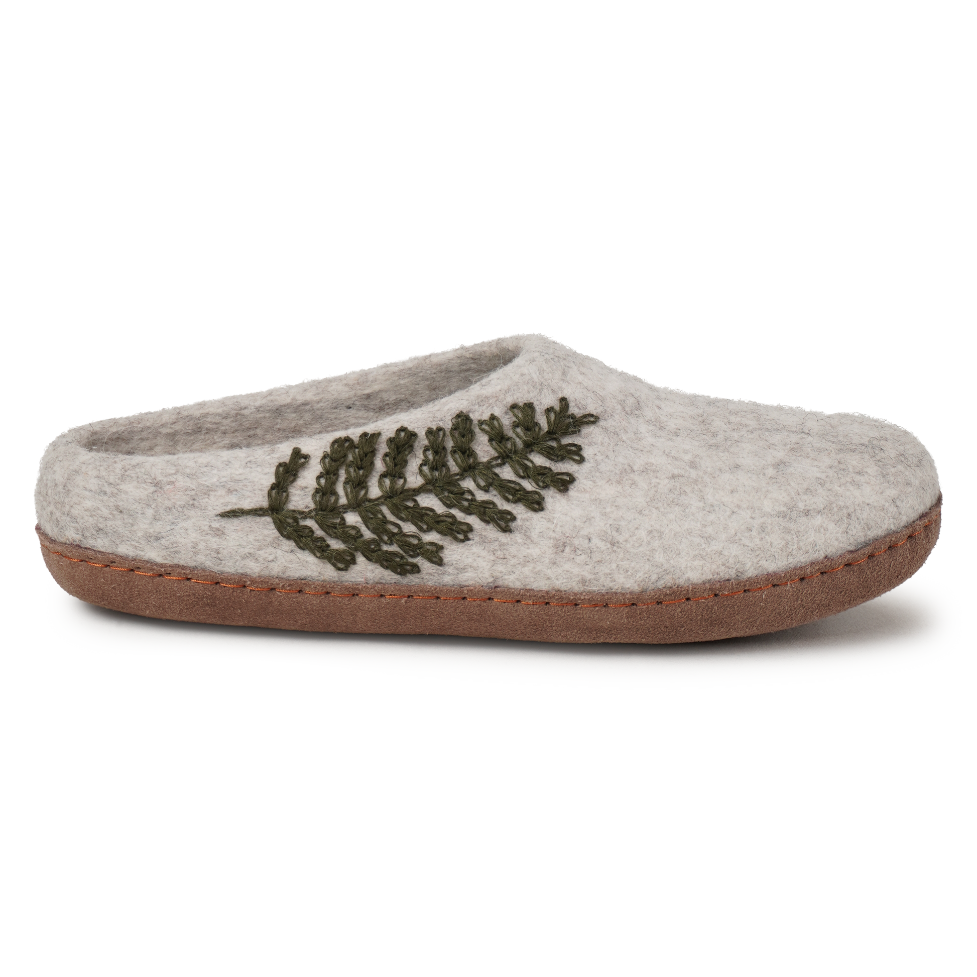 Ambler Valhalla wool slippers in heather silver with natural leather sole and felted fern design. 
