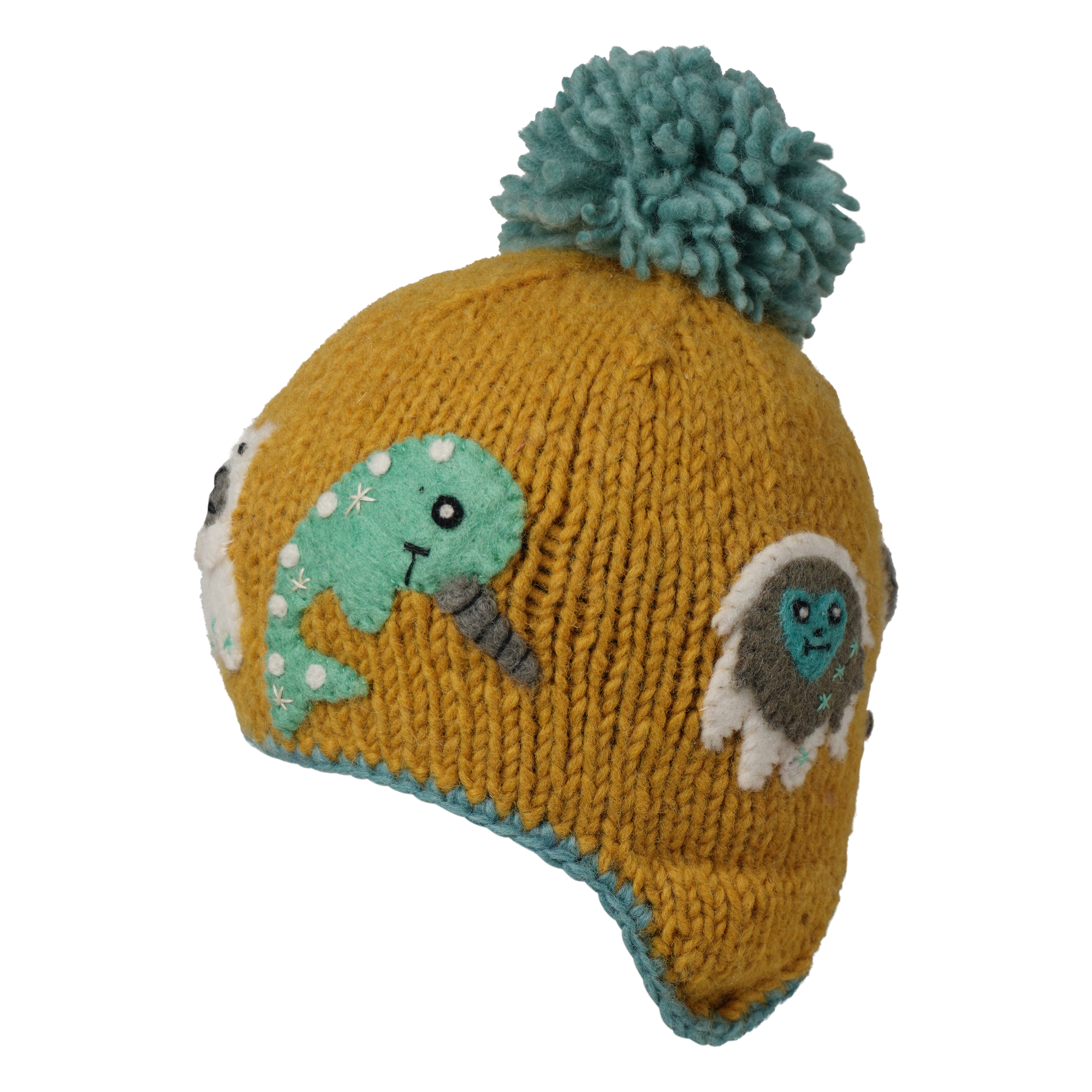 Ambler Yeti handknit kids' toque in citrus with felted creatures and medium pom. 