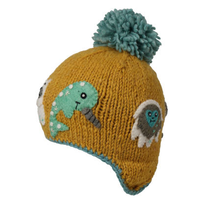 Ambler Yeti handknit kids' toque in citrus with felted creatures and medium pom. 