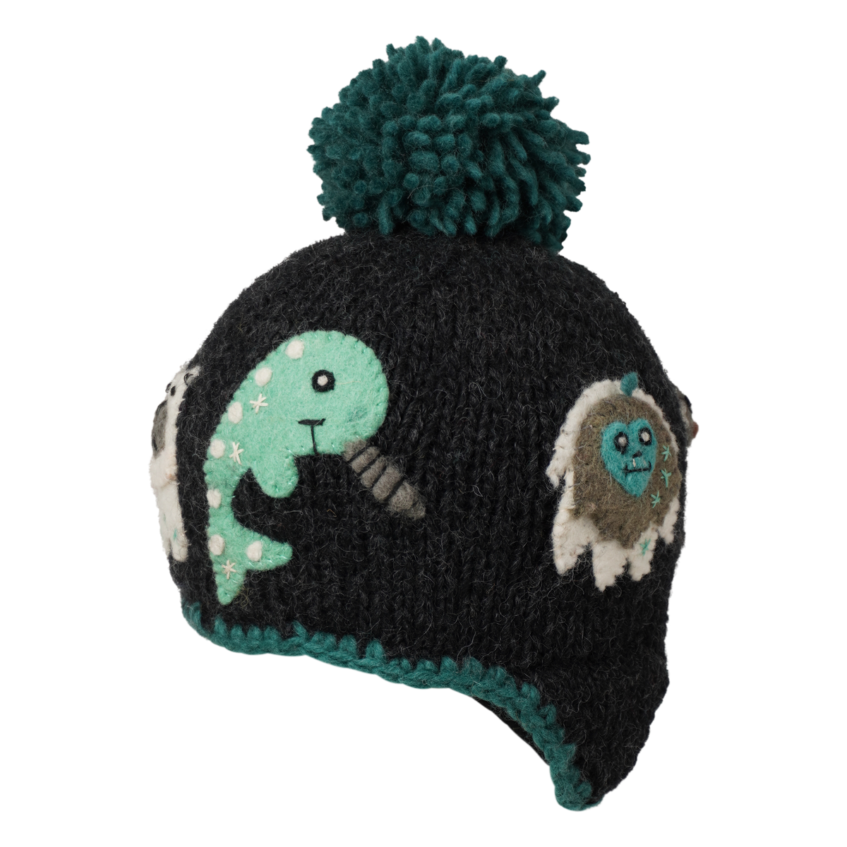 Ambler Yeti handknit kids&#39; toque in heather charcoal with felted creatures and medium pom. 