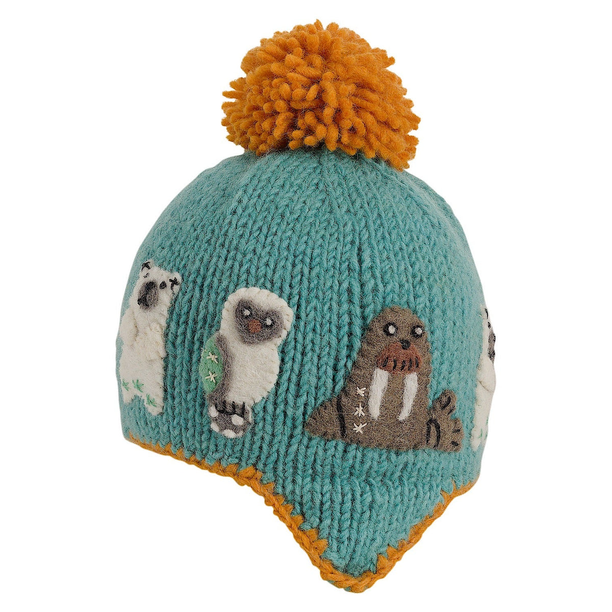 Ambler Yeti handknit kids&#39; toque in sea green with felted creatures and medium pom. 
