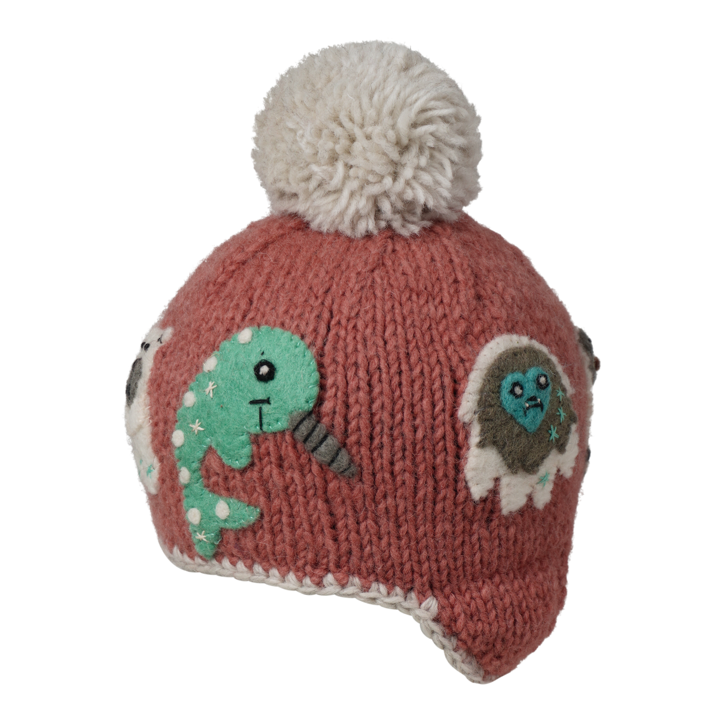 Ambler Yeti handknit kids' toque in terracotta with felted creatures and medium pom. 