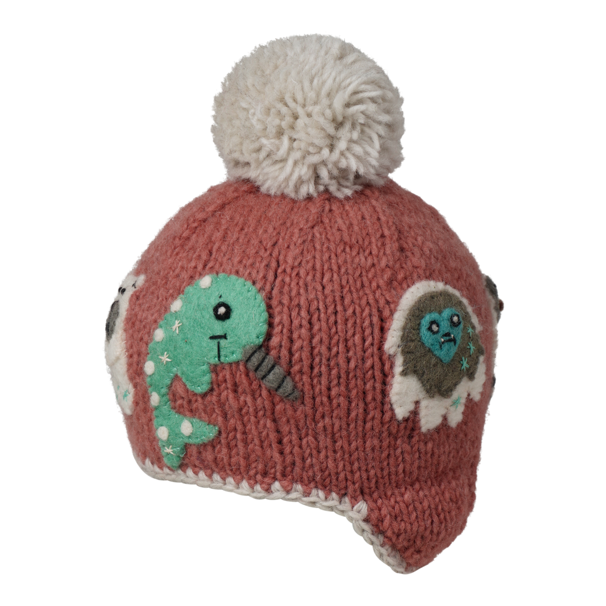 Ambler Yeti handknit kids' toque in terracotta with felted creatures and medium pom. 