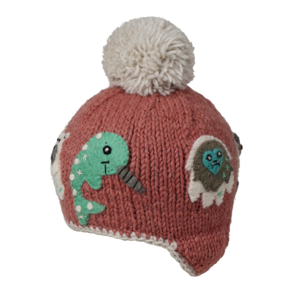 Ambler Yeti handknit kids' toque in terracotta with felted creatures and medium pom. 