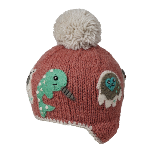 Ambler Yeti handknit kids' toque in terracotta with felted creatures and medium pom. 