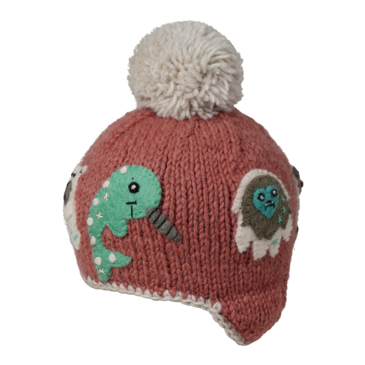Ambler Yeti handknit kids&#39; toque in terracotta with felted creatures and medium pom. 