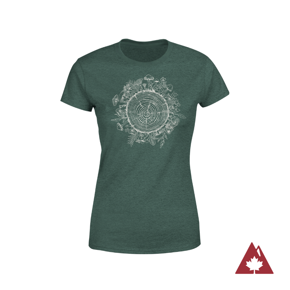 Green women's  t-shirt with a tree ring and fungi graphic design in white. 